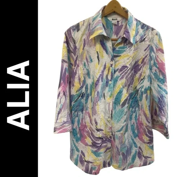 ALIA Colorful Abstract Crinkle Print Button Down Blouse - Shirttail Hem - Sz 16W - Picture 12 of 12